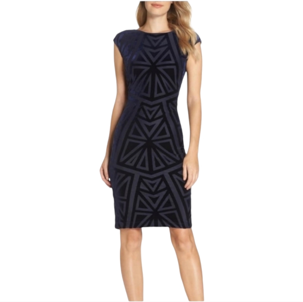 Vince Camuto Navy and Black Geometric Sheath Dress